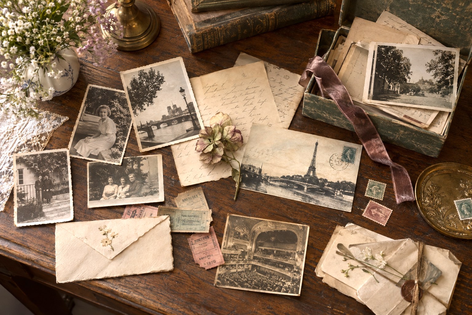 Vintage photographs, letters, postcards, tickets, and small paper keepsakes gathered on a wooden table