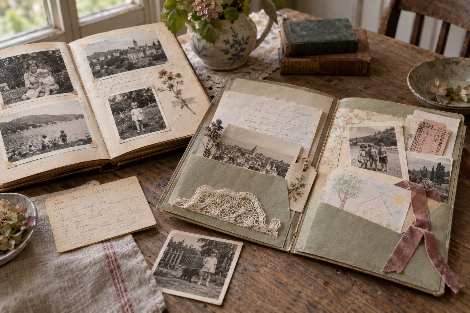 Open memory-keeping folios holding family photographs, letters, tickets, and a child's drawing