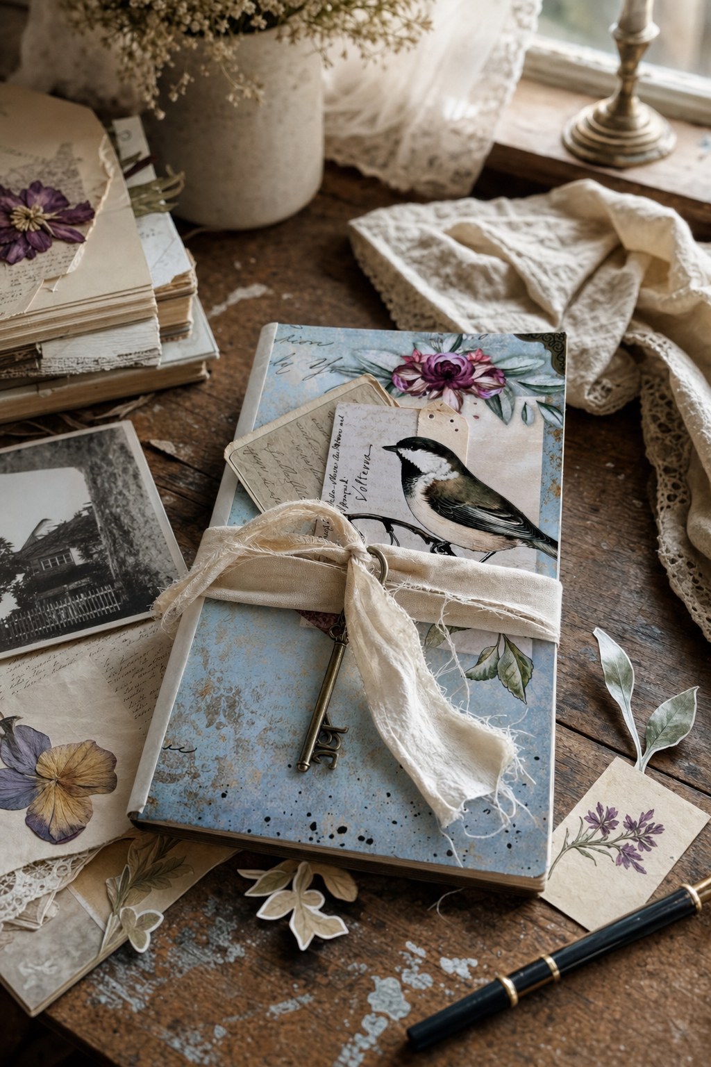 Botanical bird deluxe ephemera holder beside paper keepsakes, pressed flowers, and a fountain pen