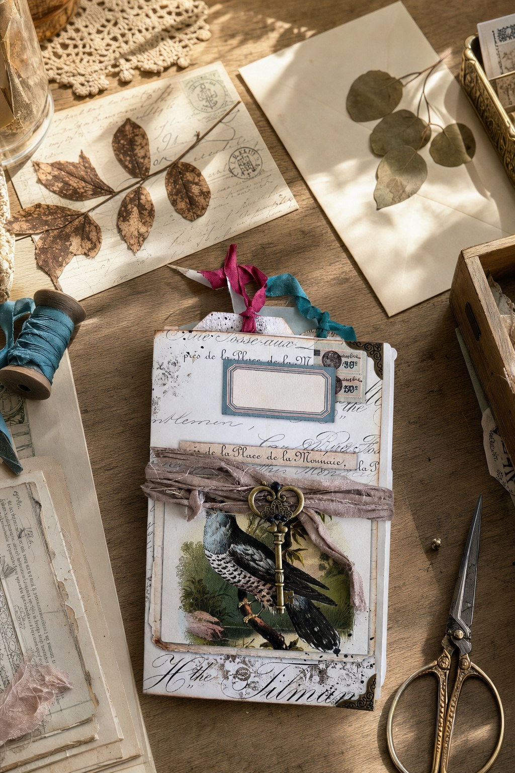 Vintage French bird deluxe ephemera holder gathered with paper treasures, ribbon, and dried leaves on a sunlit worktable