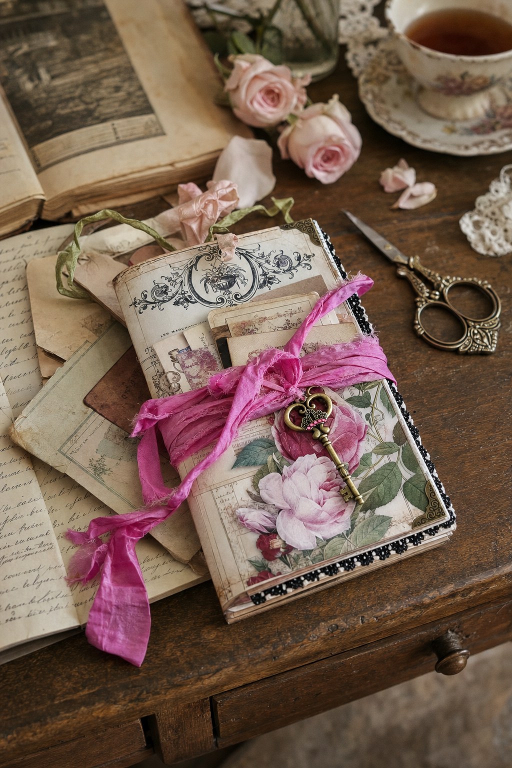 French rose deluxe ephemera holder resting among letters, roses, and paper treasures on a maker’s desk