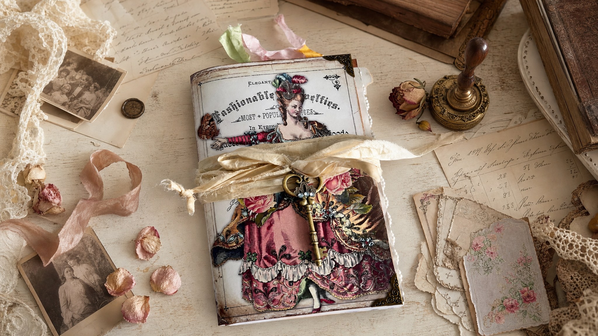 Marie Antoinette ephemera folio arranged on a desk with lace, vintage photographs, and ephemera