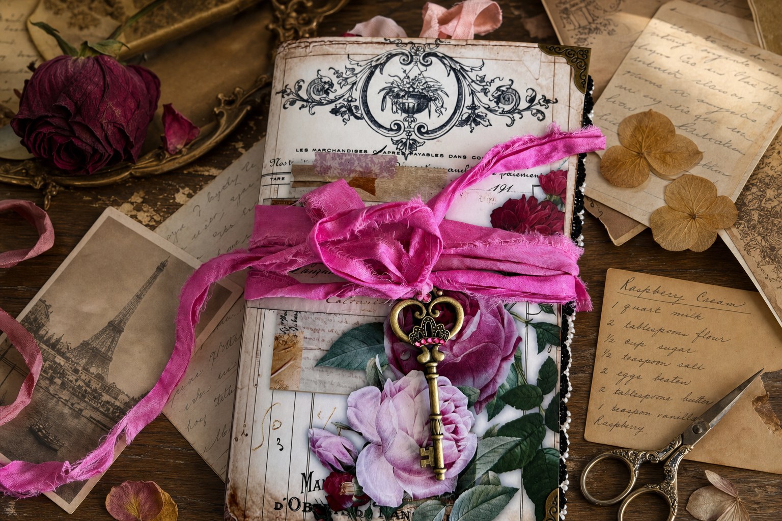 French rose ephemera folio arranged with handwritten letters, a recipe card, pressed flowers, and antique scissors
