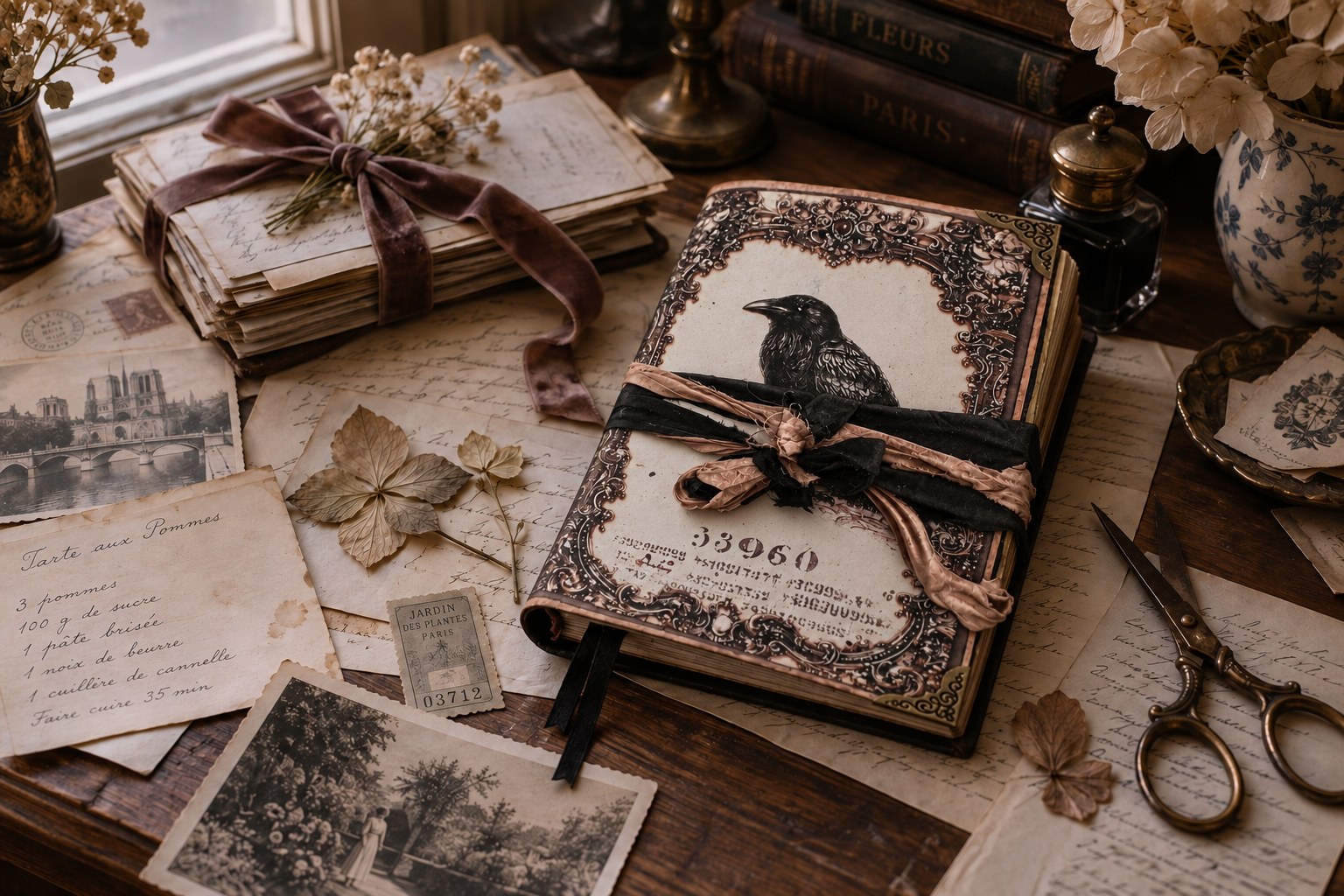 Handmade raven ephemera folio surrounded by old letters, a recipe card, postcards, and pressed flowers