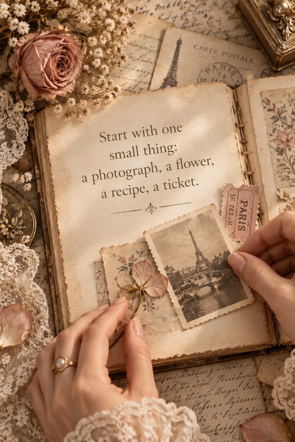 Hands arranging a photograph and dried flower in a vintage French journal