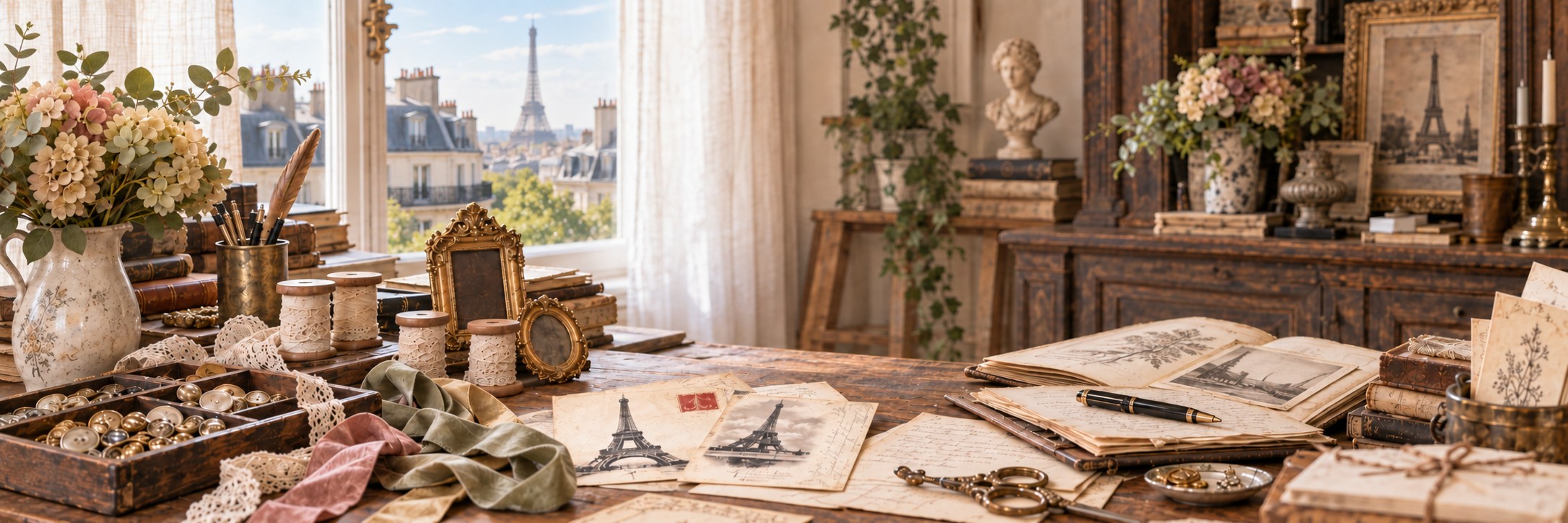 A sunlit French-inspired creative studio overlooking Paris, with vintage papers, ribbons, lace, and antique details