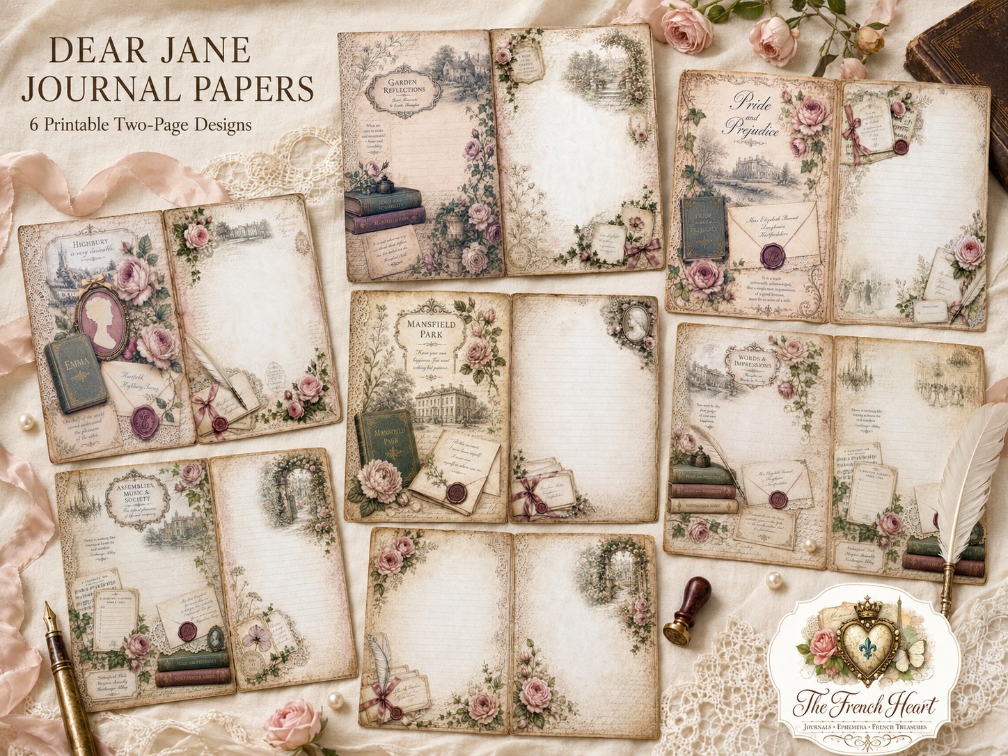 Dear Jane printable journal papers arranged with vintage books, roses, and writing tools