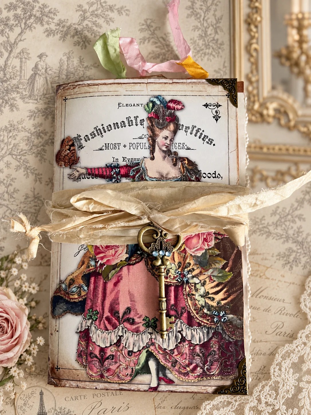 Marie Antoinette handmade junk journal and ephemera book with silk ribbons and brass key