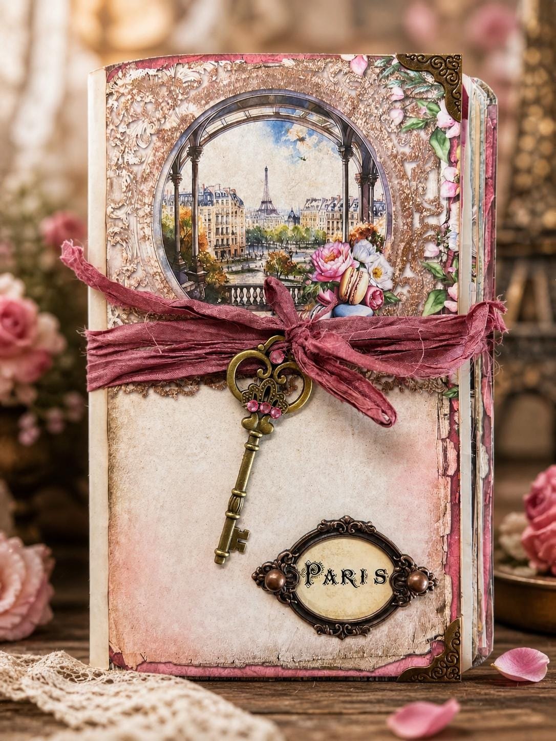 Paris travel handmade junk journal with layered vintage paper details