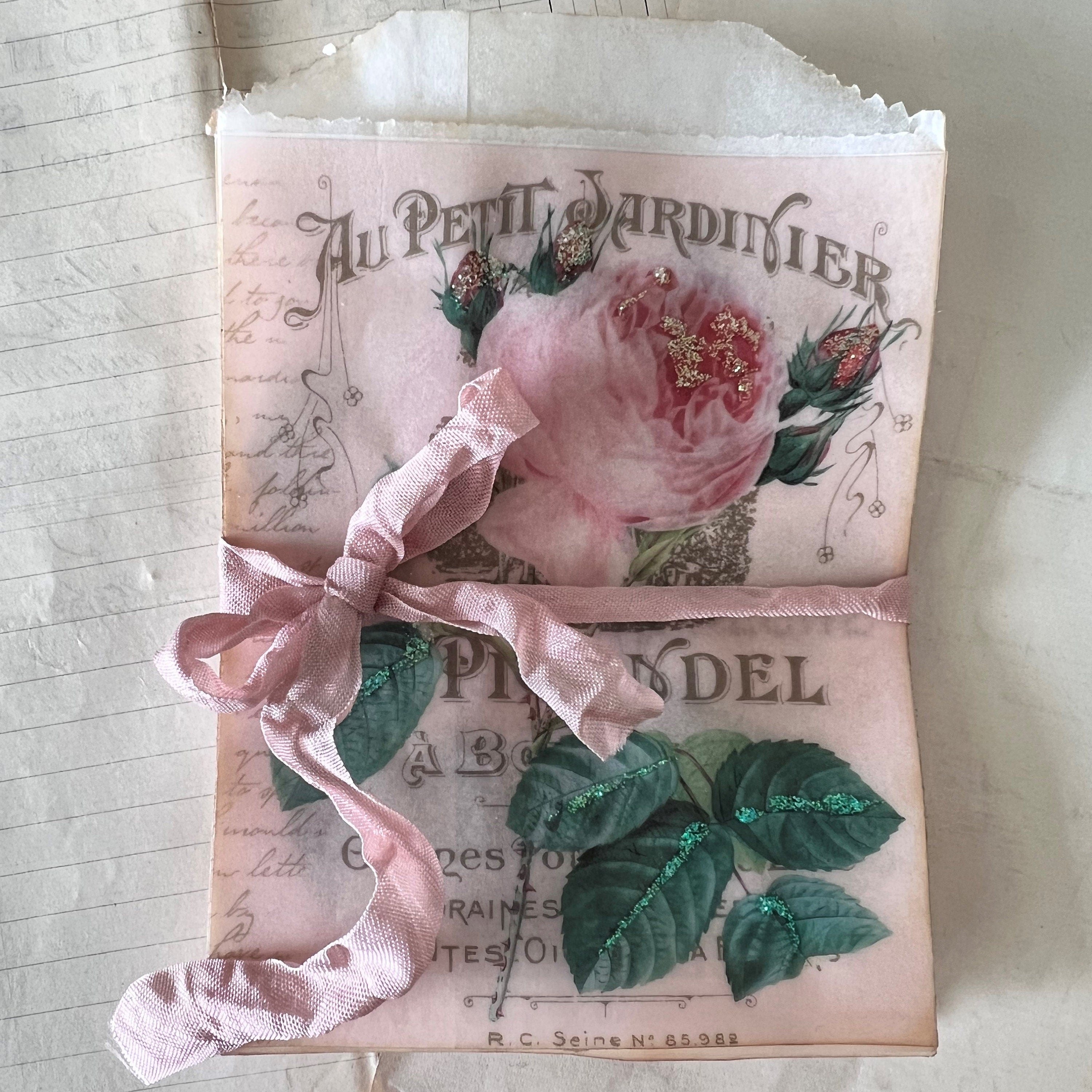 Vintage rose glassine bags with French botanical ephemera