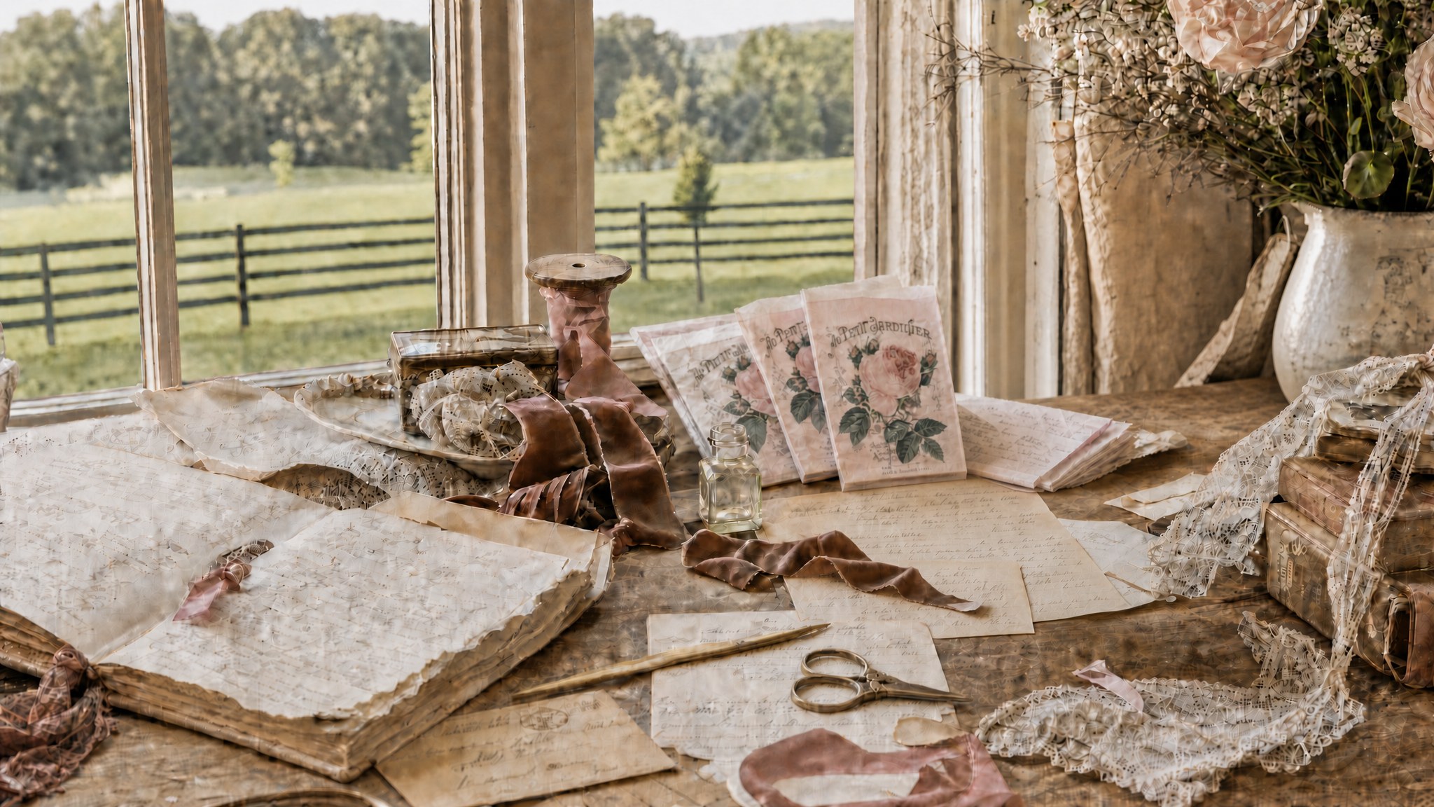 An imagined French Heart studio with rose glassine bags, lace, ribbons, and a Kentucky farm view