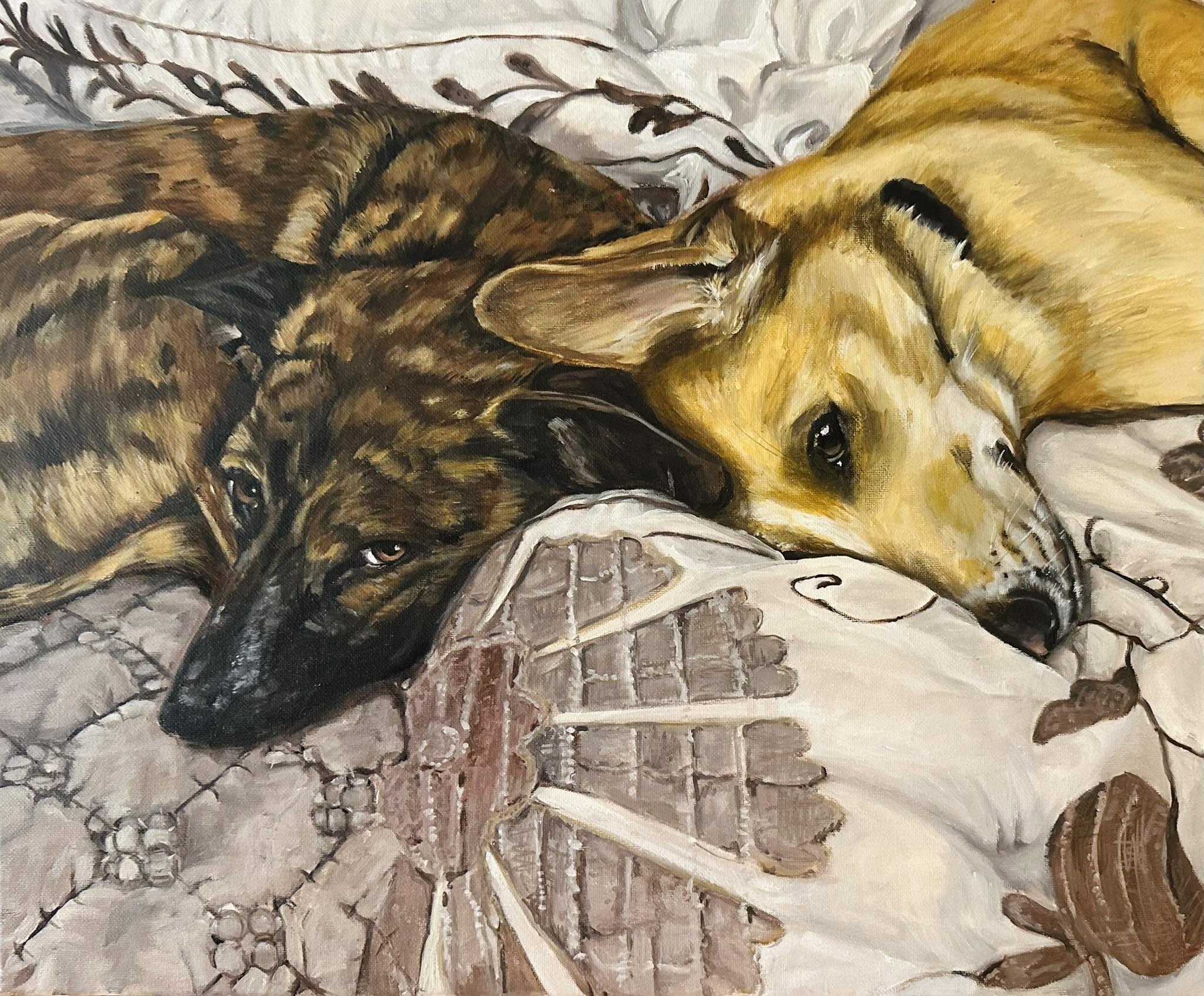Two dogs resting together in a colorful painted pet portrait