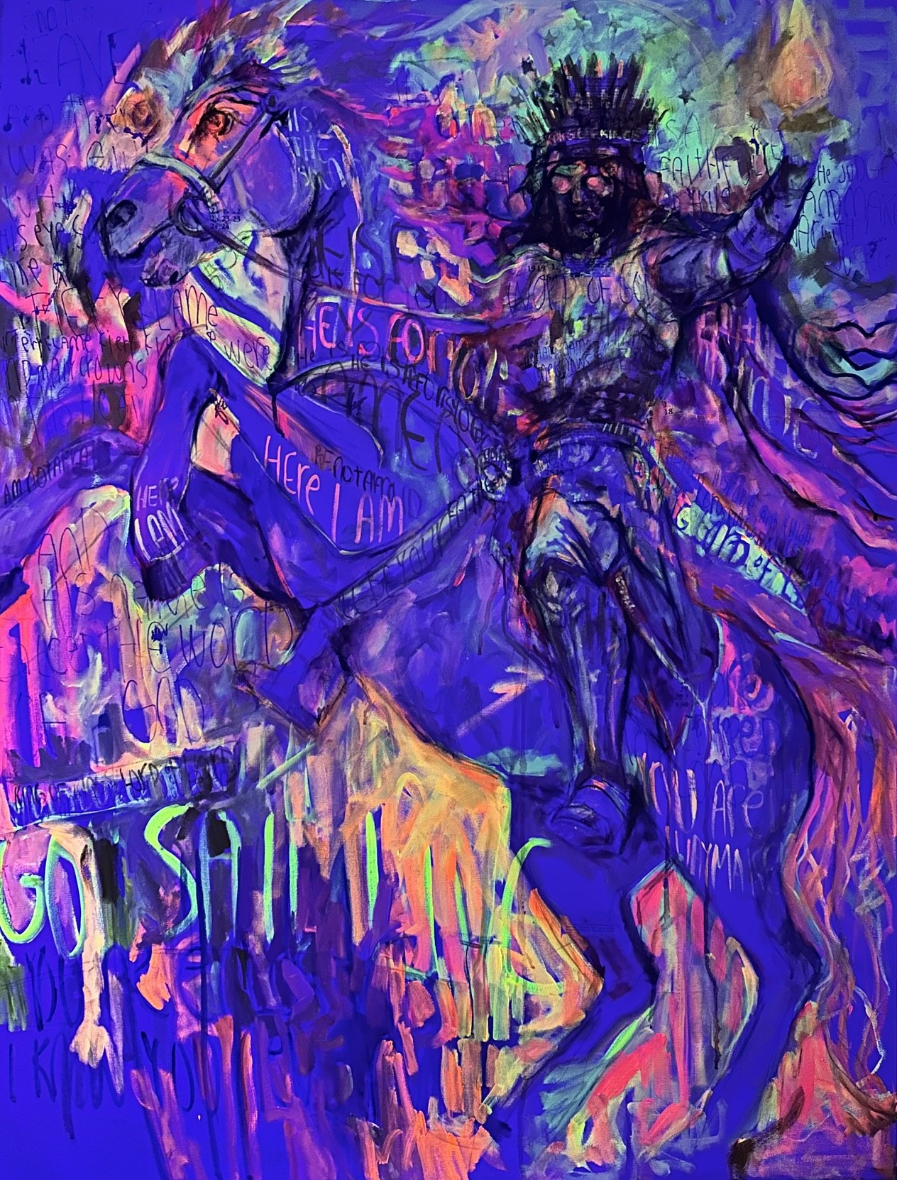 Horse and king painting glowing under black light