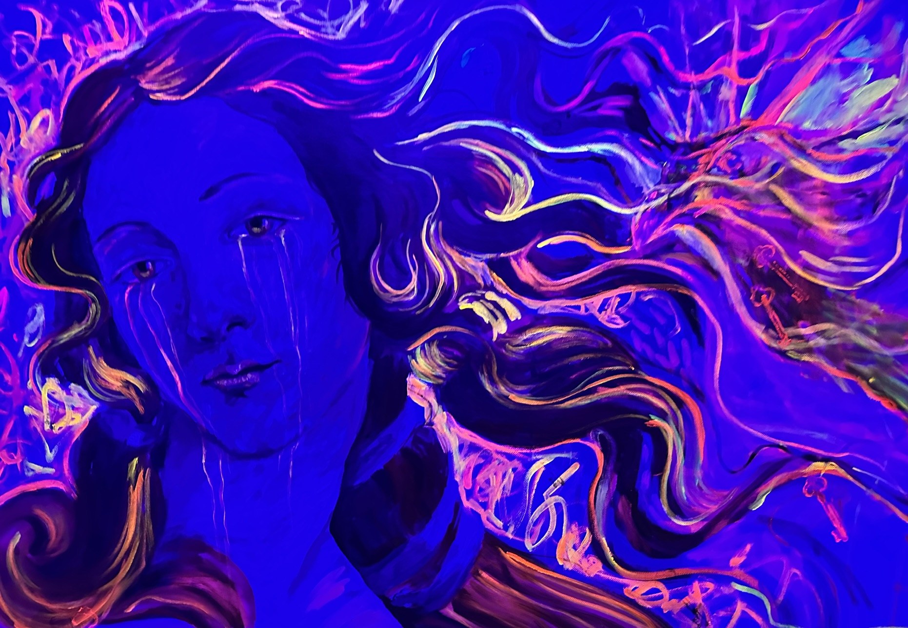 Portrait painting glowing under black light