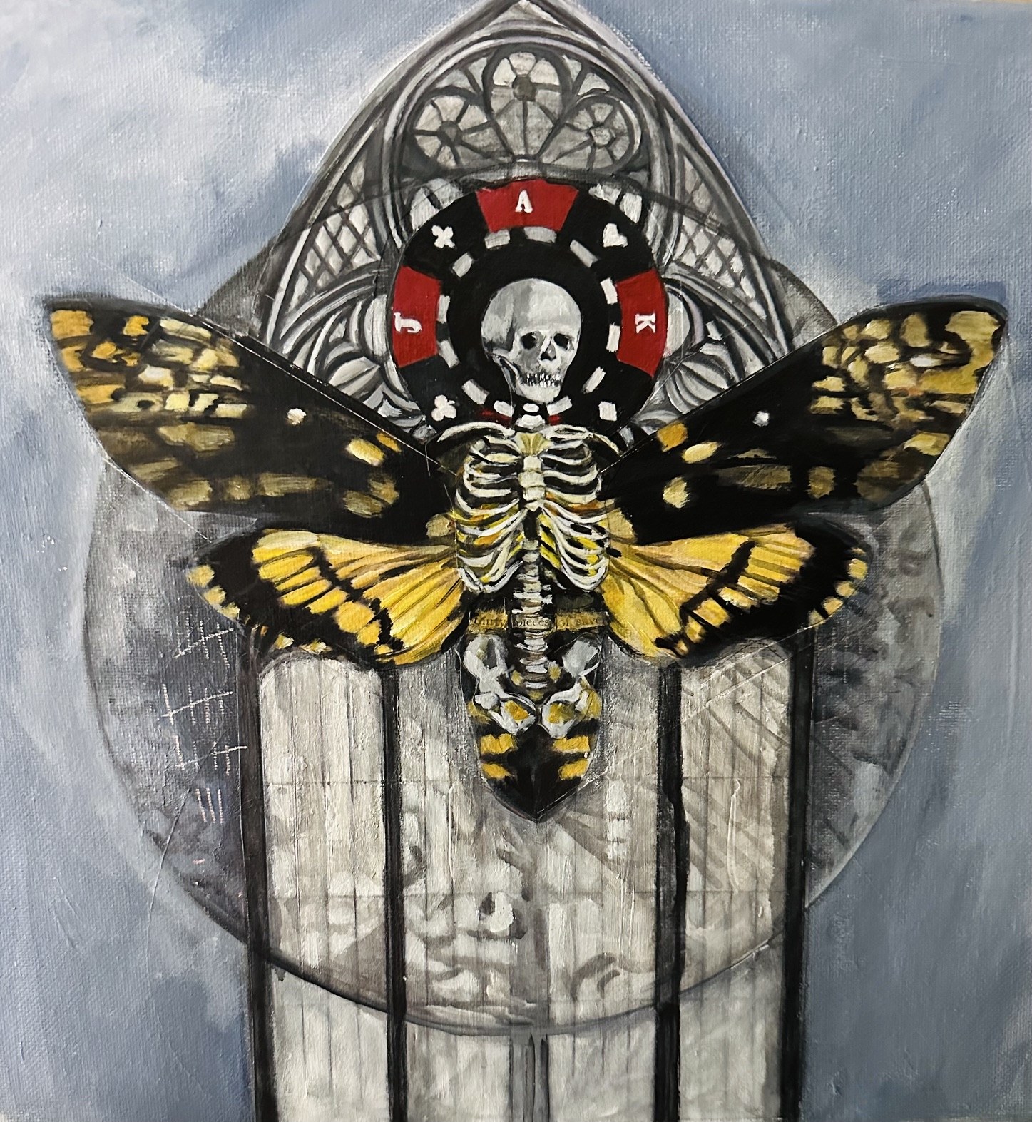 Moth and skeleton painting set against an arched architectural backdrop