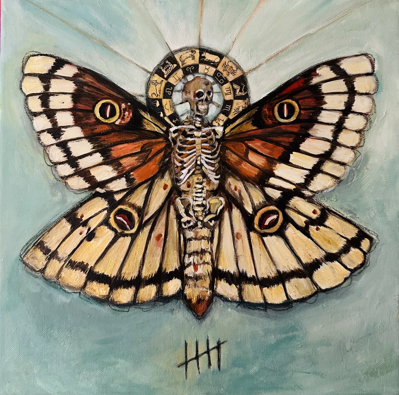 Skeleton and moth painting with patterned wings on a pale teal background