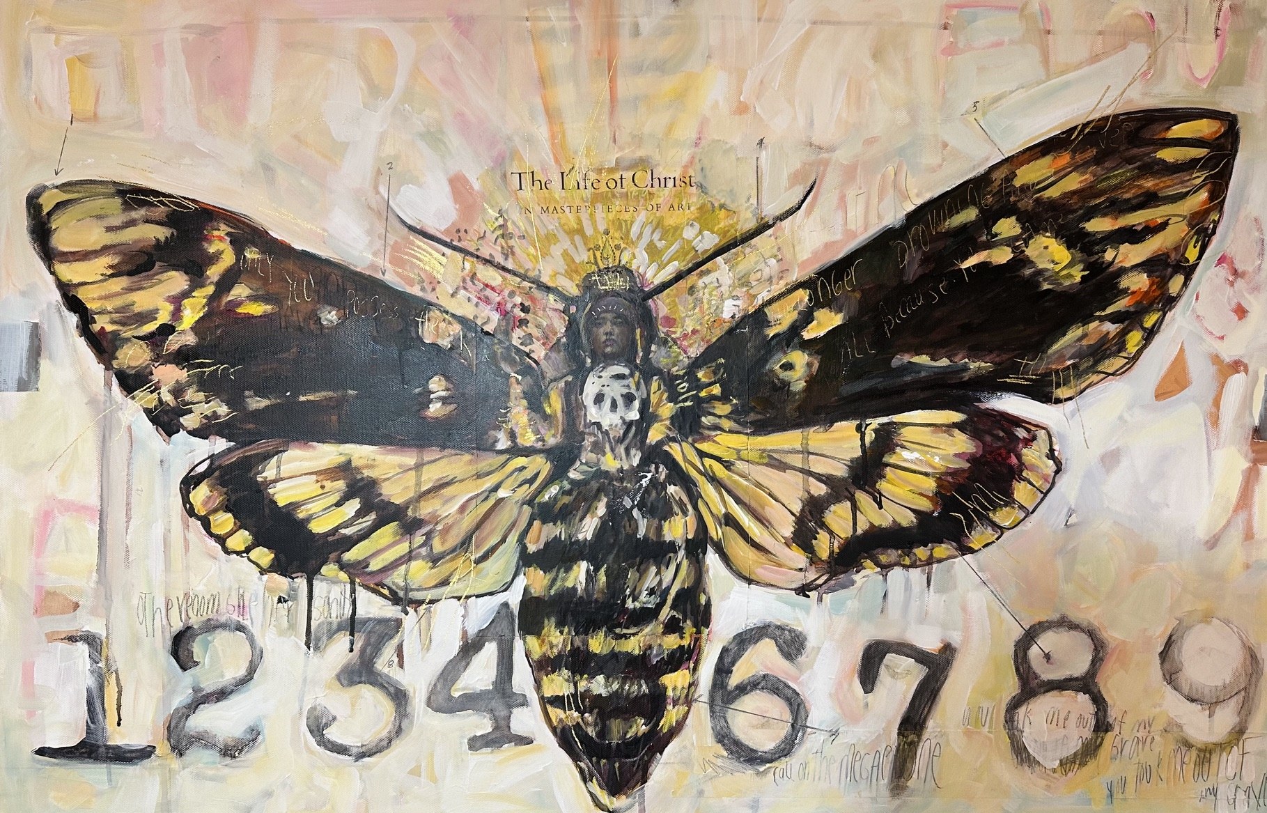 Large moth painting with a skull motif and handwritten marks
