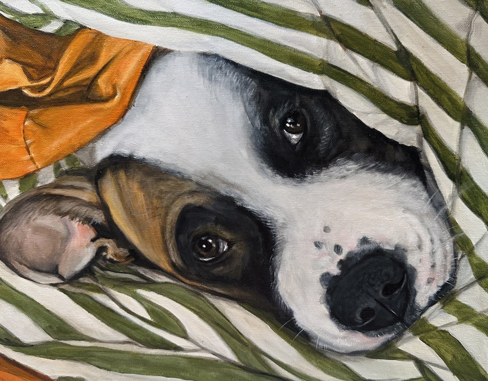 Close-up pet portrait painting of a black, white, and brindle dog on green patterned bedding