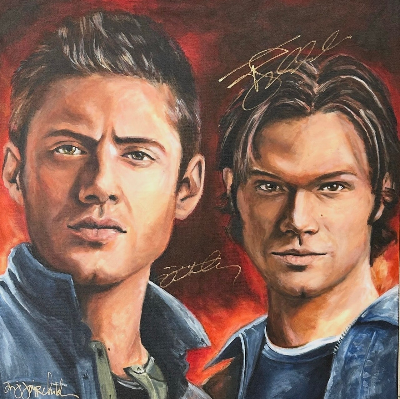 Painted portrait of Sam and Dean from Supernatural, autographed by Jensen Ackles and Jared Padalecki