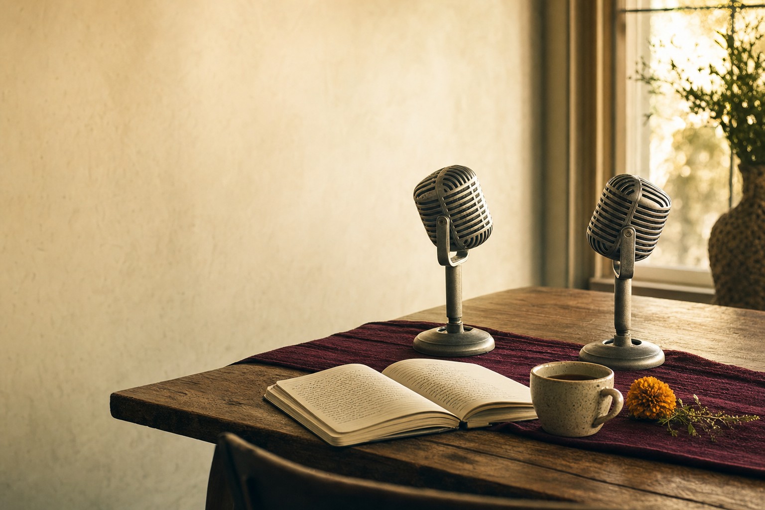 Two vintage microphones on a table with an open notebook and tea
