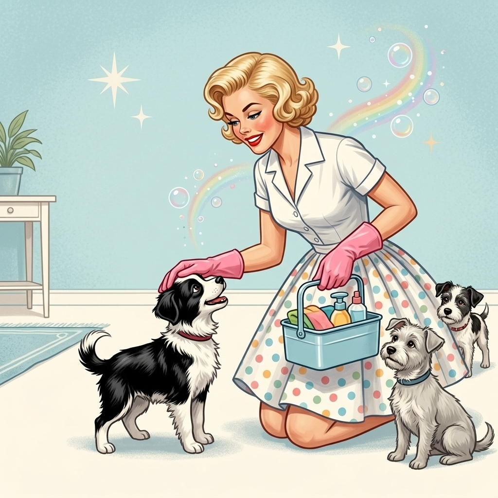 Ms. Nicely giving Spot a gentle pat beside two other happy dogs