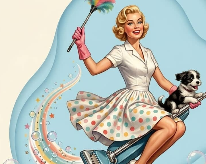Ms. Nicely and Spot riding their teal vacuum against a blue wave