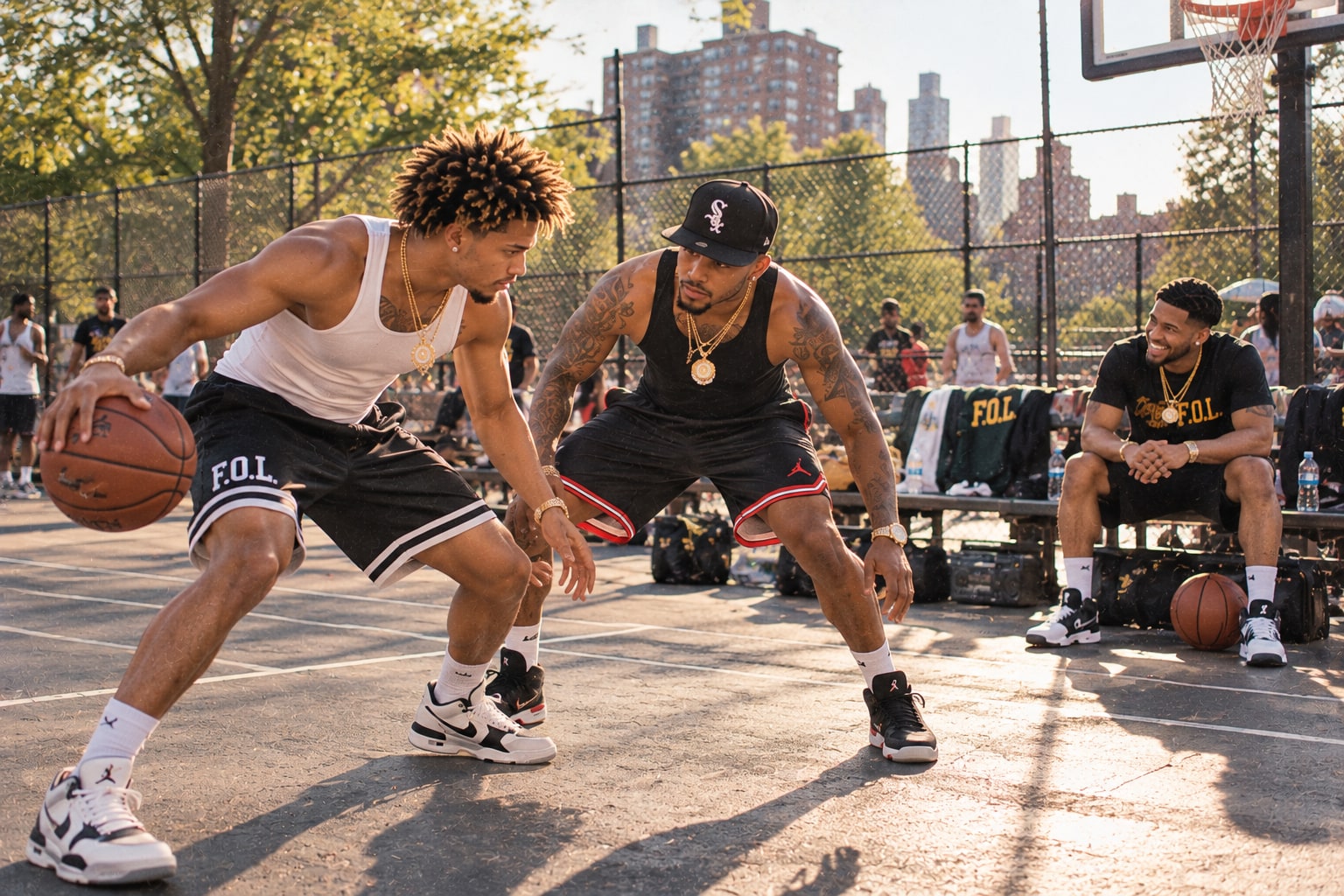 F.O.L. Friends or Lovers on an outdoor basketball court