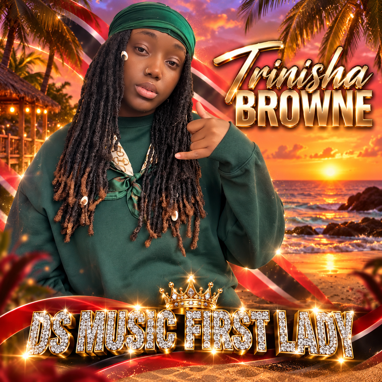 Trinisha Browne against a Trinidad sunset