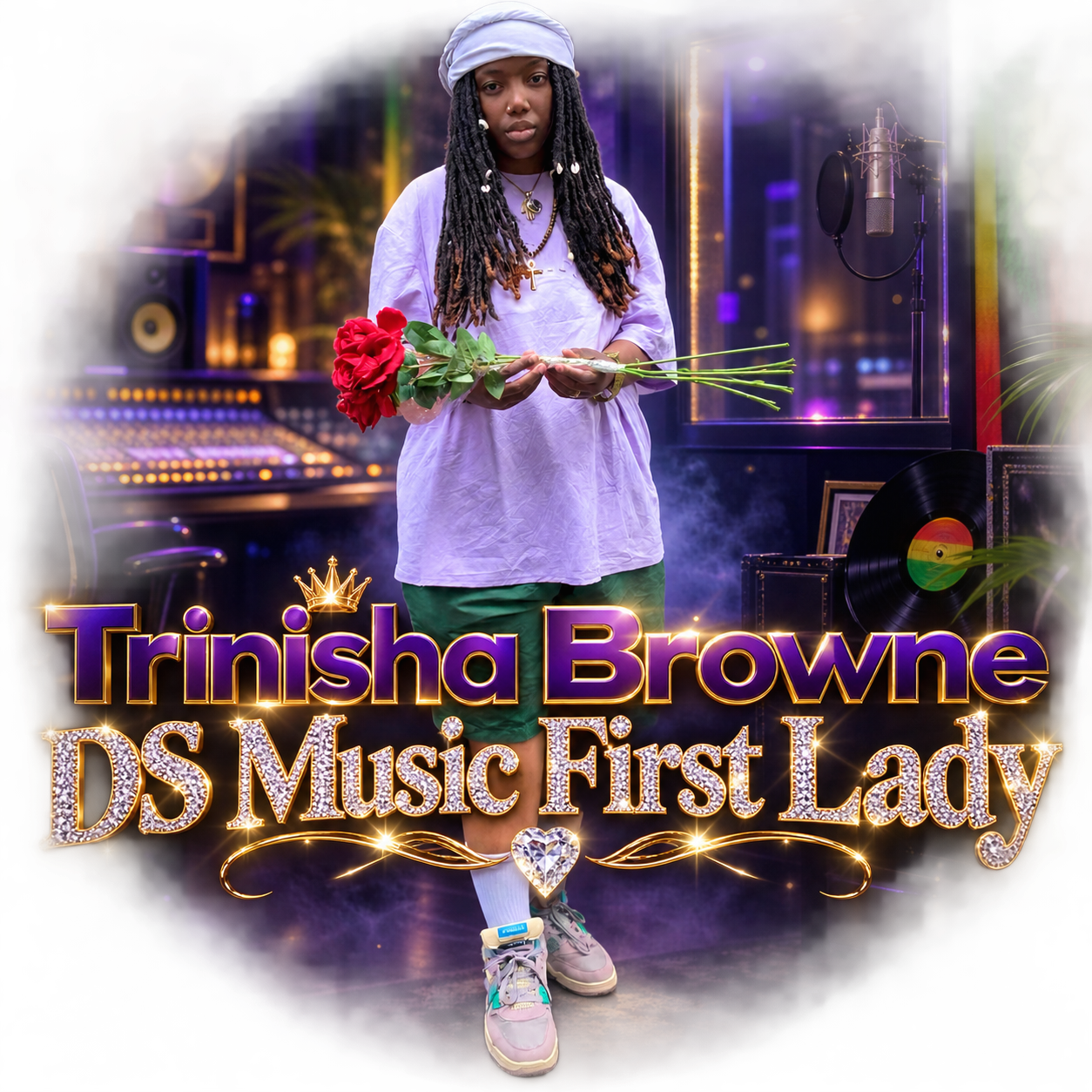 Trinisha Browne in a recording studio holding roses