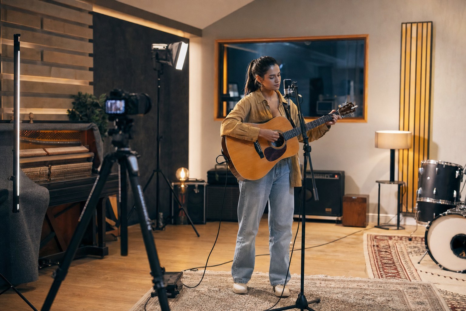 Independent musician filming a performance clip in a rehearsal studio