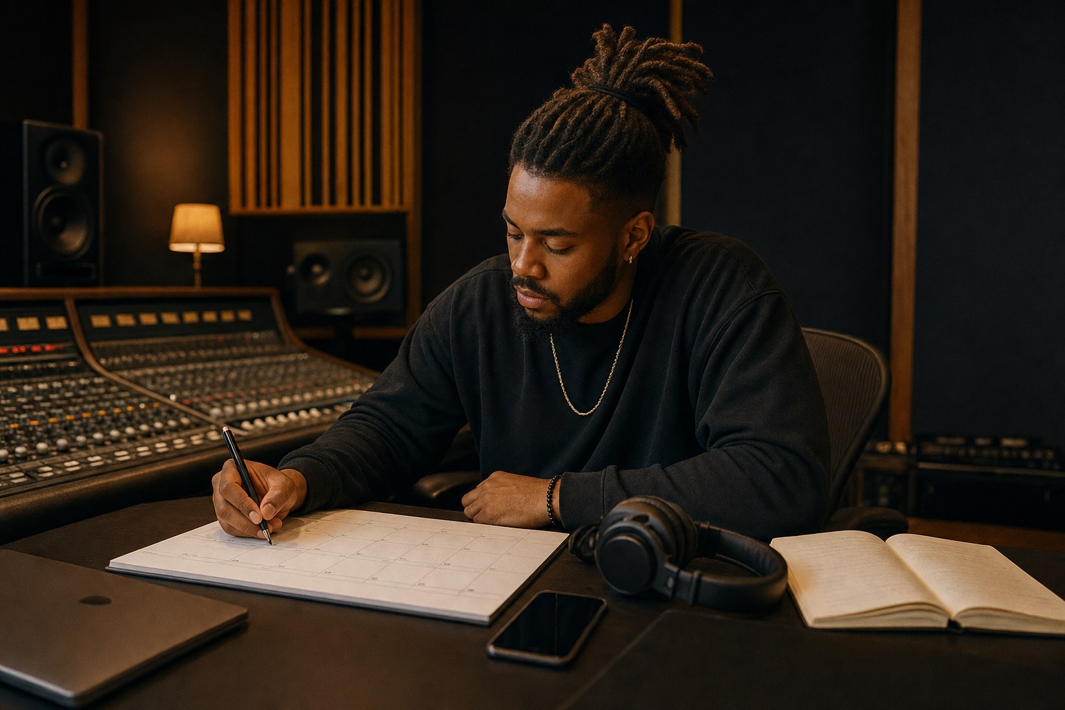 Independent artist planning a music release at a recording studio