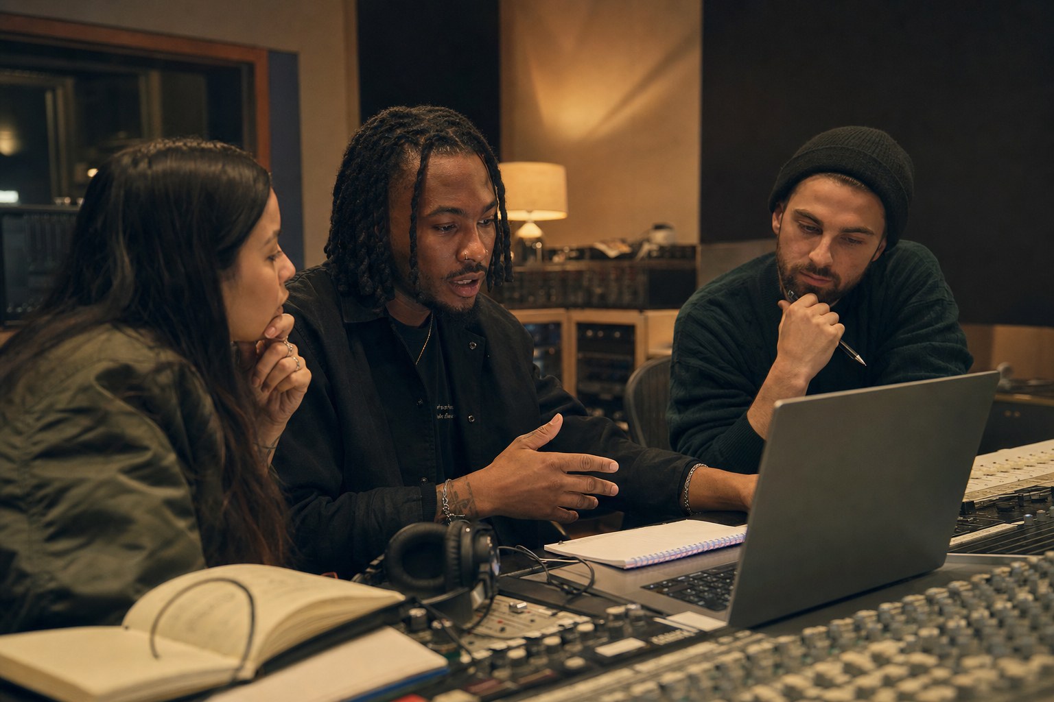 Independent music team reviewing a release plan in a recording studio