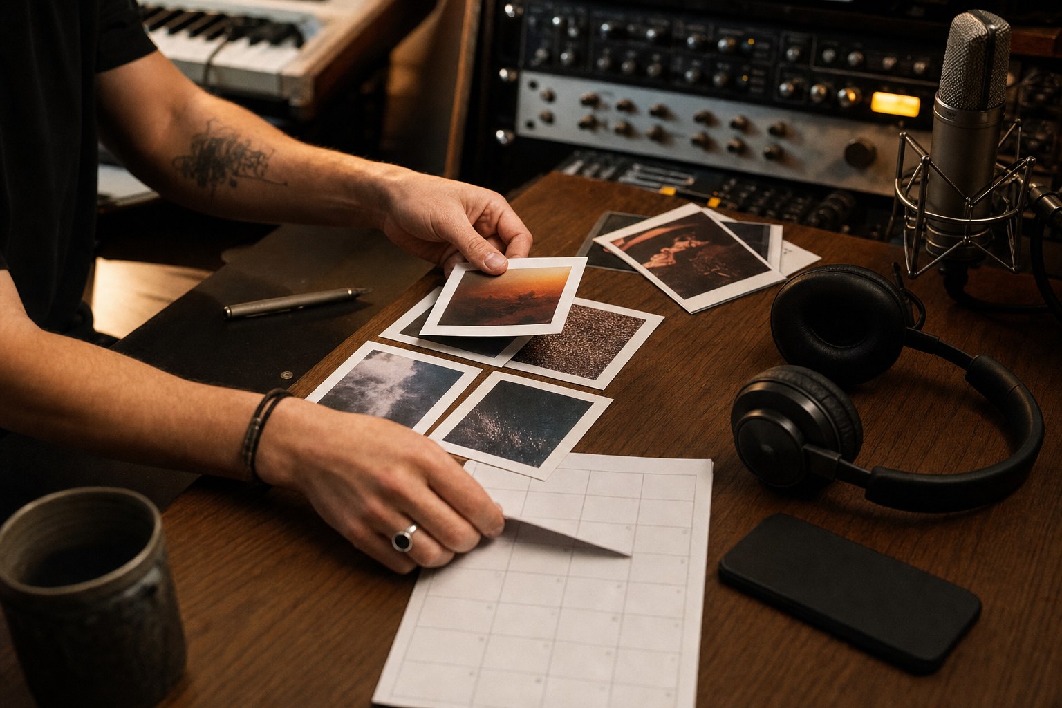 Music release assets and a blank calendar arranged on a studio table