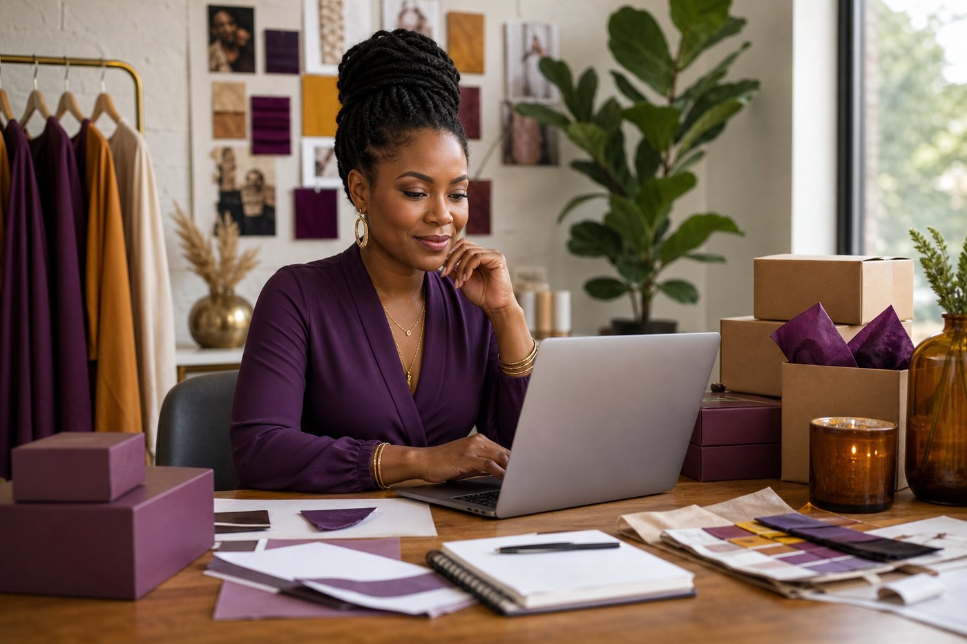 Small business owner and designer reviewing an online store and brand materials