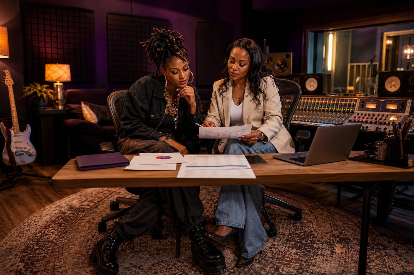 Recording artist and advisor reviewing a release budget in a recording studio