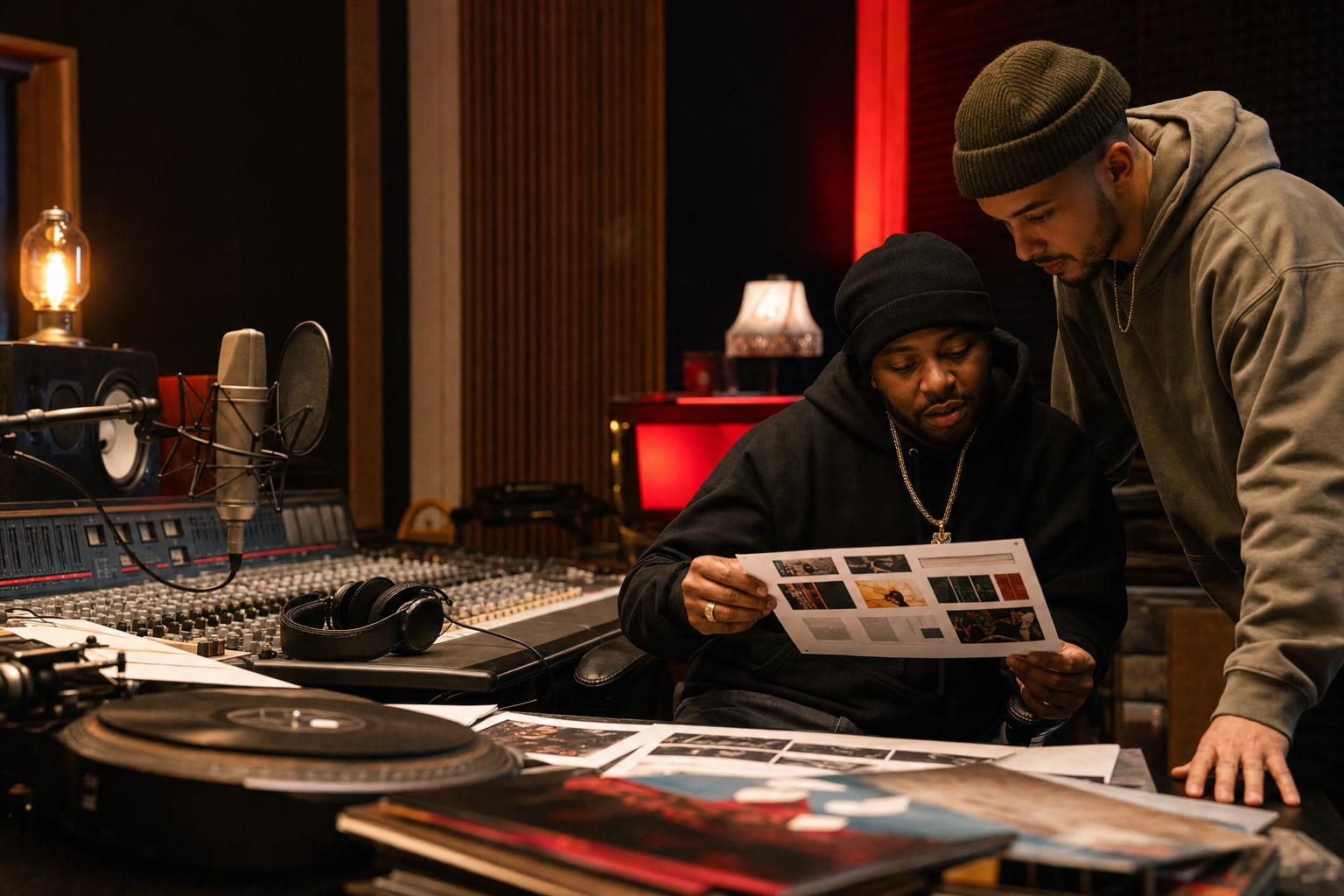 Independent hip-hop artists reviewing a release campaign in a recording studio
