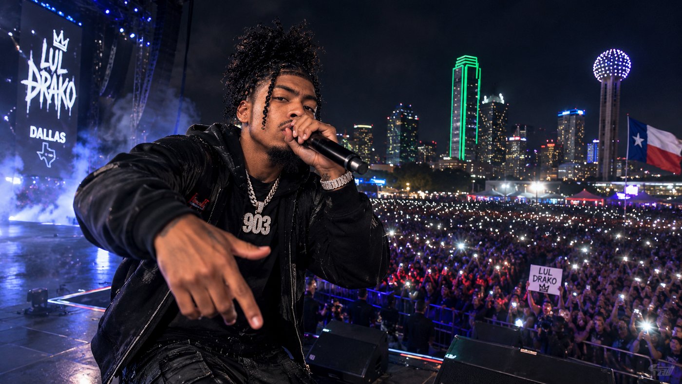 Lul Drako performance artwork overlooking a Dallas crowd