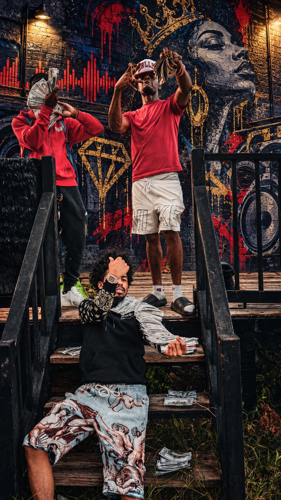 Lul Drako and friends posing on outdoor steps beside a graffiti mural