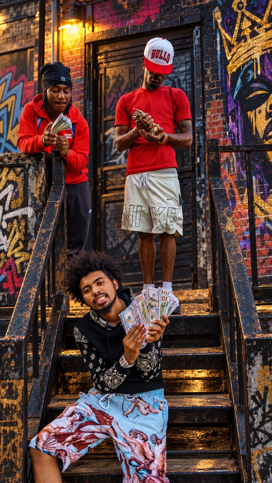 Lul Drako seated on graffiti-lined steps with friends