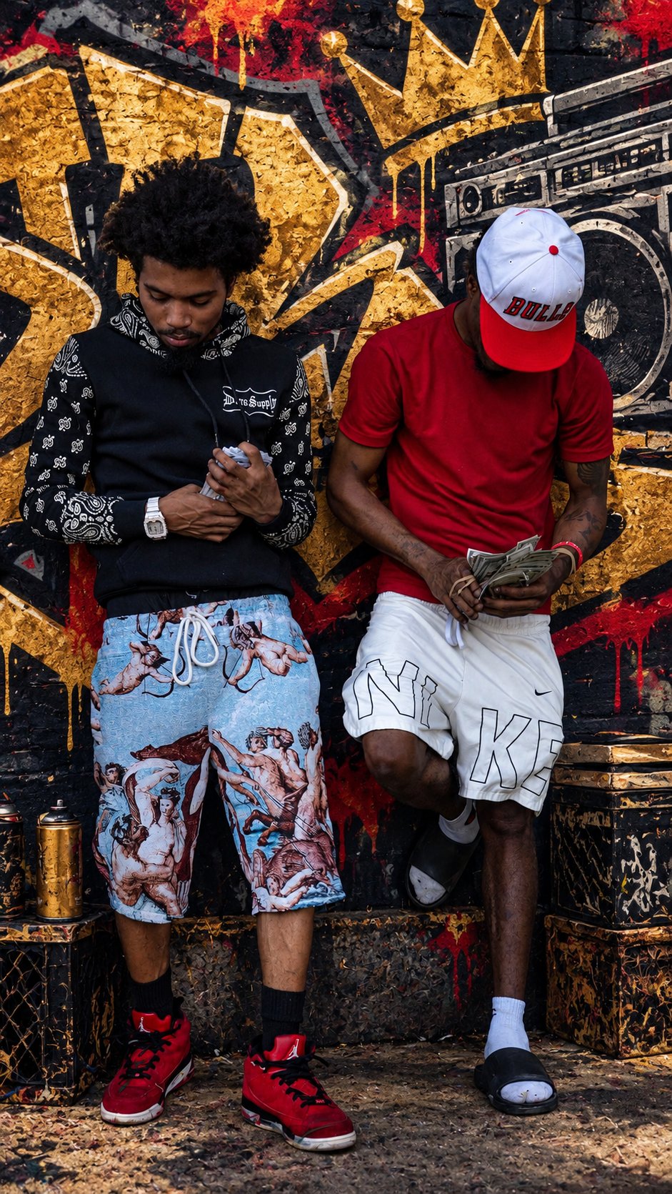 Lul Drako with a friend in front of a gold and black graffiti mural