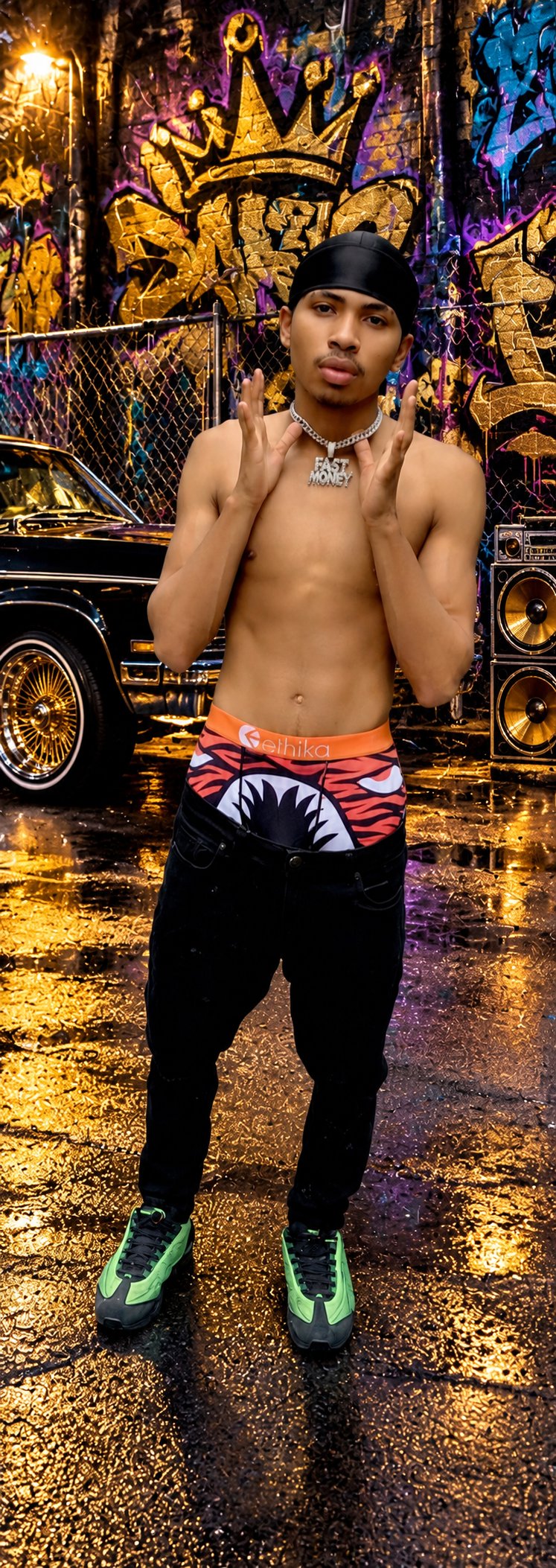 Lul Drako standing in front of a graffiti mural and speaker artwork