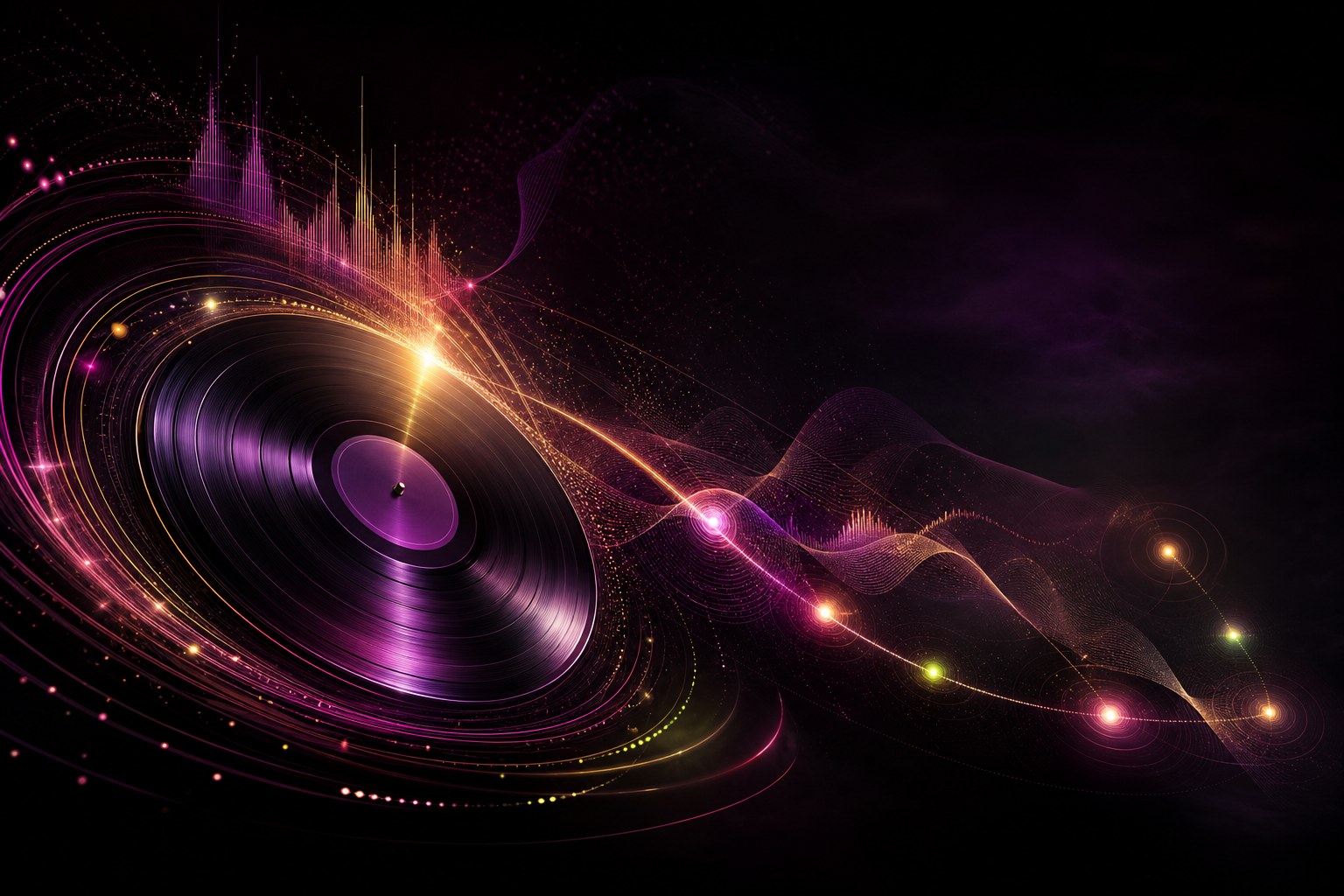 Abstract music release visual with a vinyl record, sound waves, and connected release signals