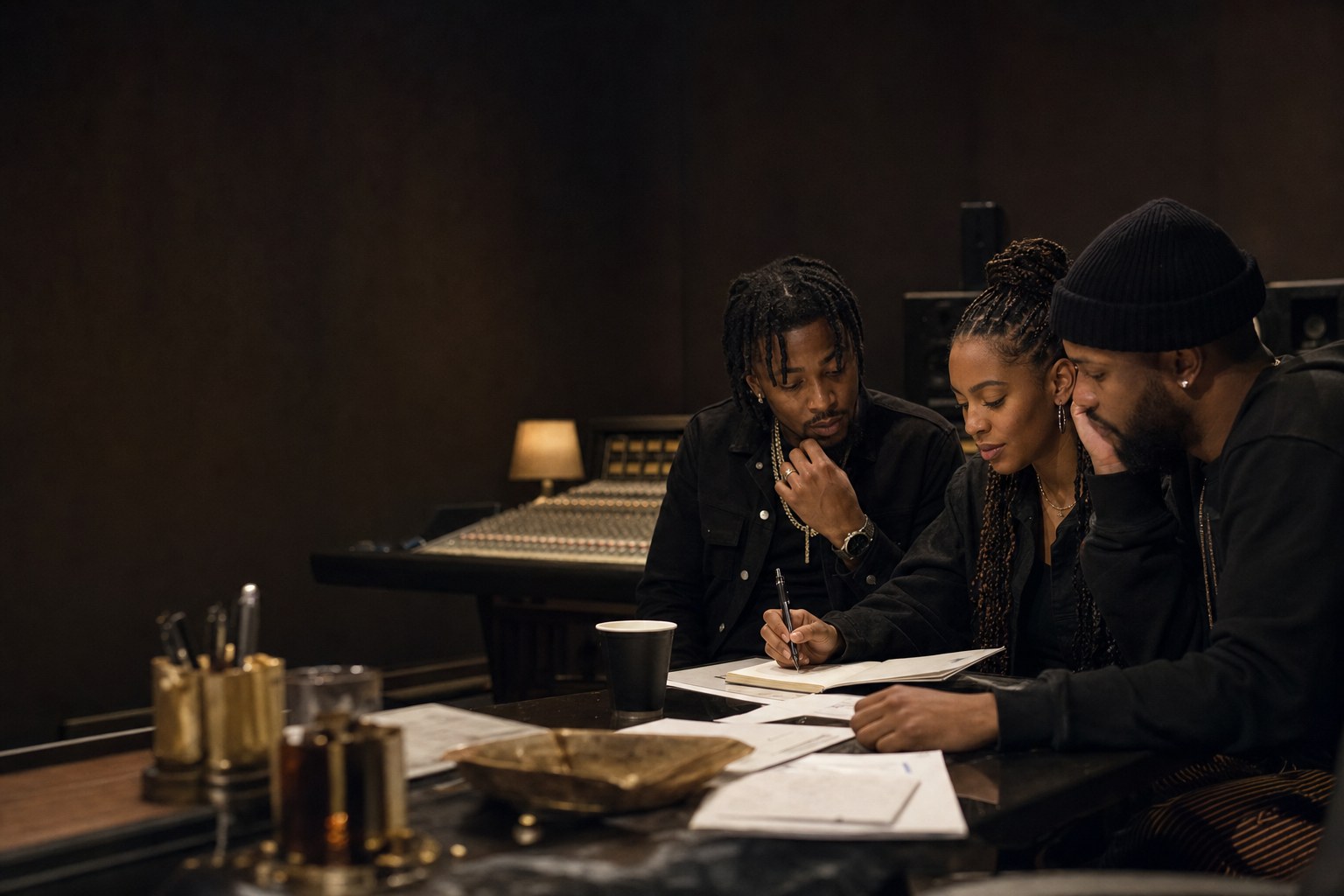 Artists and manager reviewing release plans in a recording studio