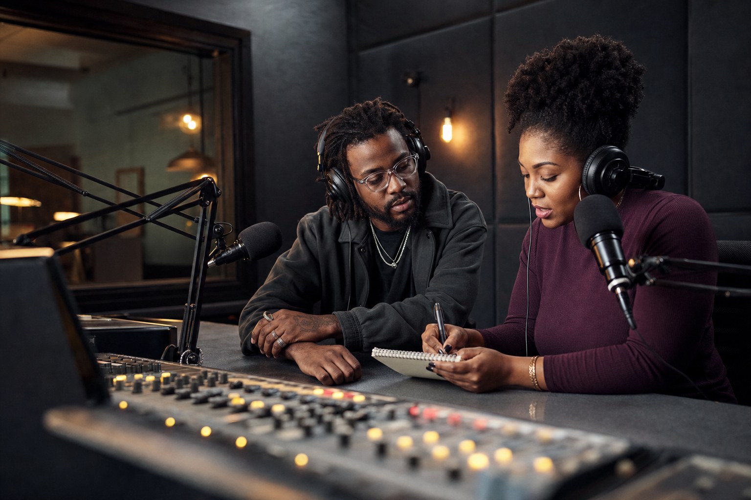 Independent artist and radio host reviewing a music release in a broadcast studio