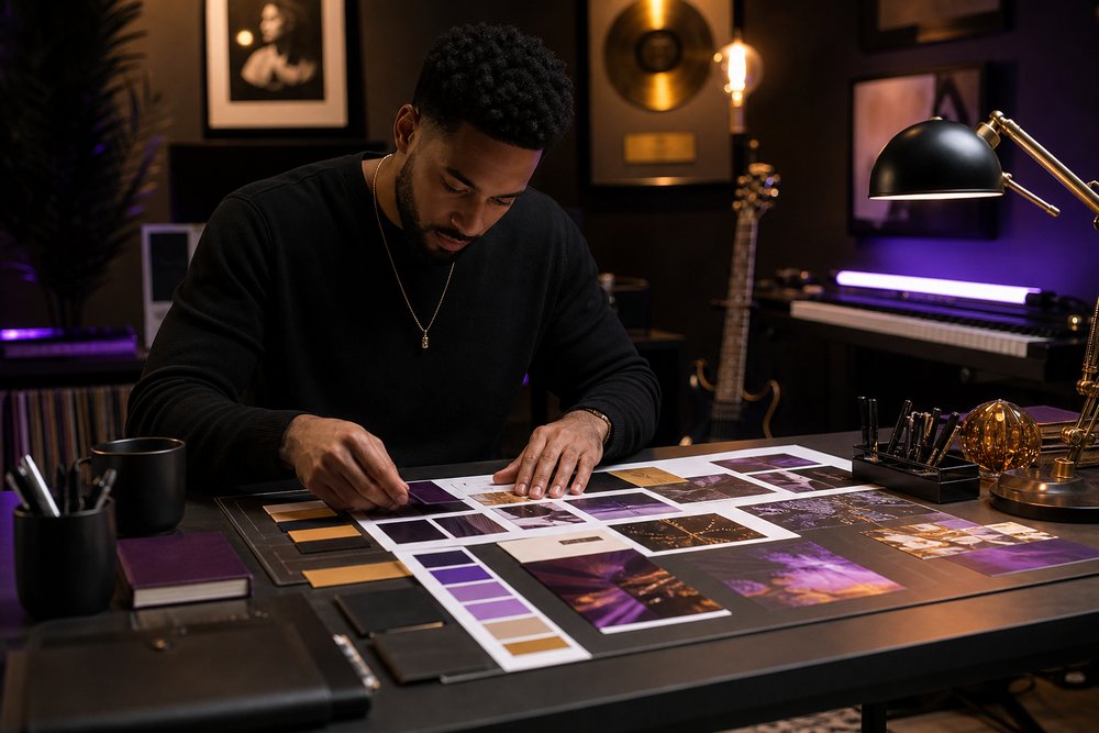 A creative designer arranging rich purple and gold brand color swatches and visual identity boards on a desk