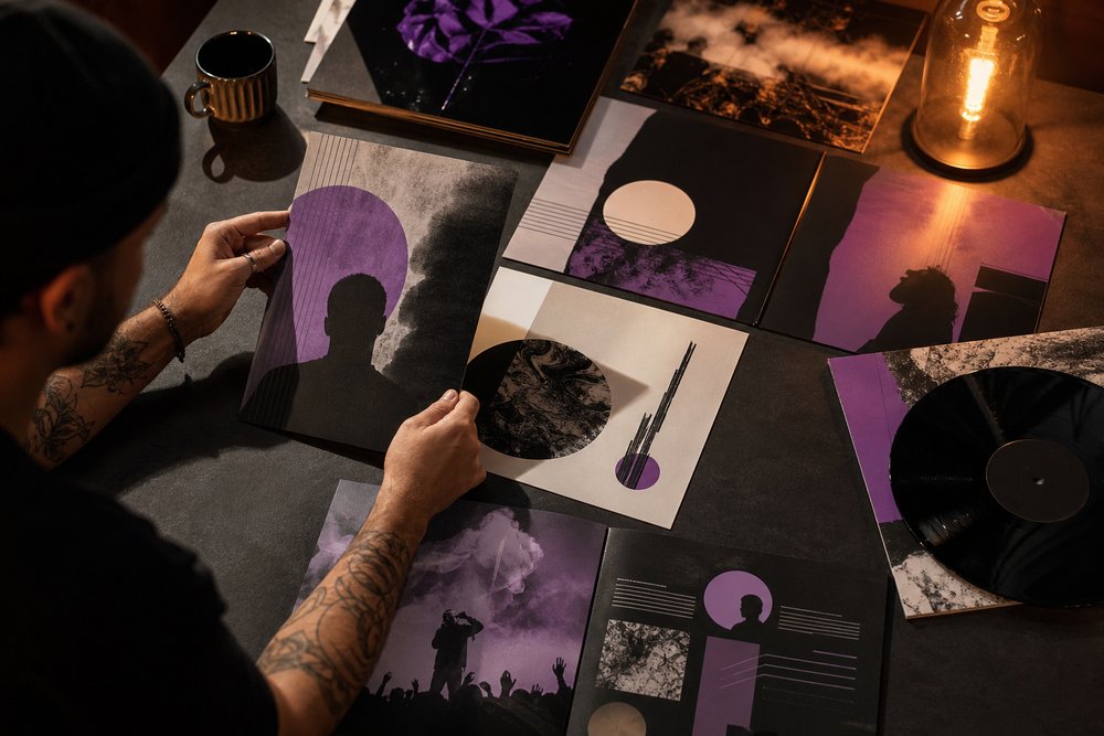 A striking flat lay of unique music event flyer designs, album cover art and media kit pages with bold abstract graphics