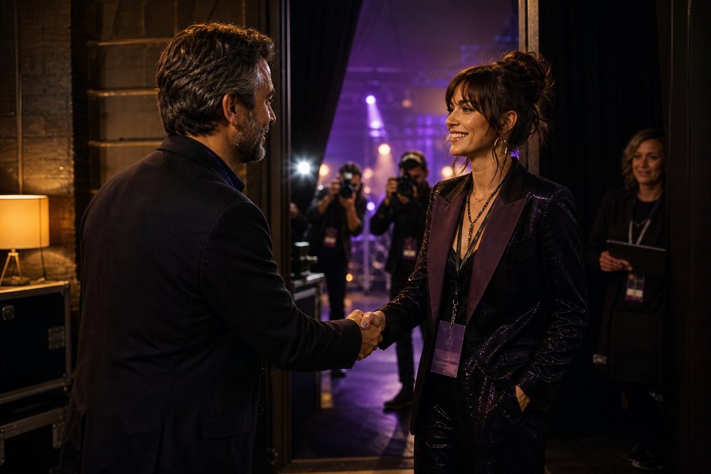 A talent agent greeting a stylish performer at an elegant backstage entrance with event credentials and soft camera flashes