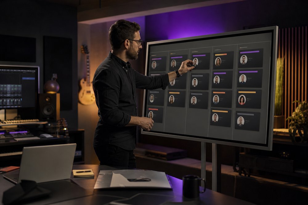 A business consultant arranging a visual client relationship pipeline on a large monitor with customer cards and task columns