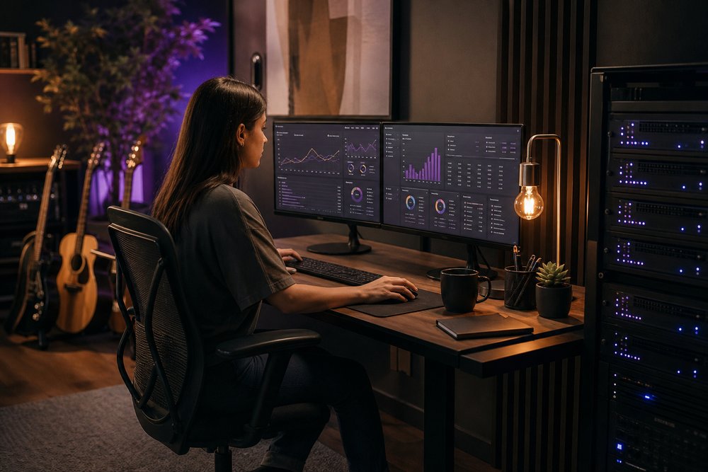An operations professional maintaining a customer database dashboard at a tidy workstation with secure server hardware
