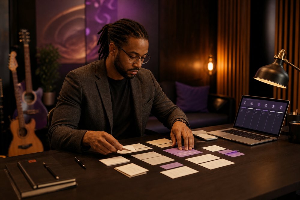 A sales specialist organizing prospect cards and follow-up notes beside a phone and a laptop with a simple contact pipeline